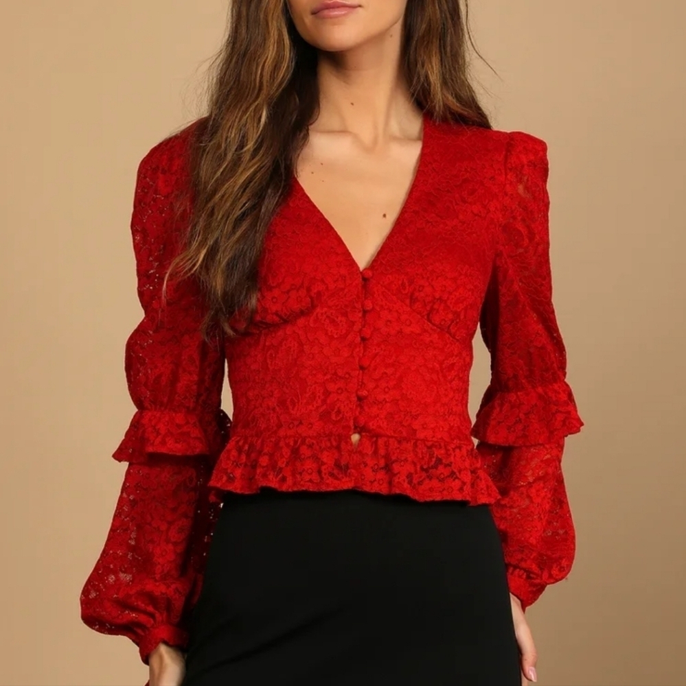 LULU'S Call Me Romantic‎ Ruffle Lace Long Sleeve Top Red Womens Size M